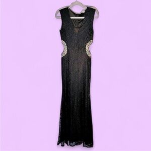 Black V-Neck Side Cut-Out Gemmed Bodycon Maxi Dress